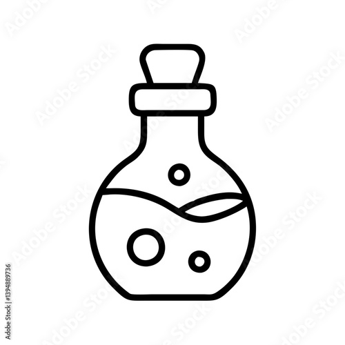 Potion bottle outline vector icon for alchemy magic and chemistry concepts with liquid and bubbles design 