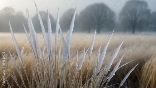 Adagio Maiden Grass in a winter scene, its fragile blades covered in shimmering ice, with sparkling icicles adorning each plume, showcasing the elegance of winter.