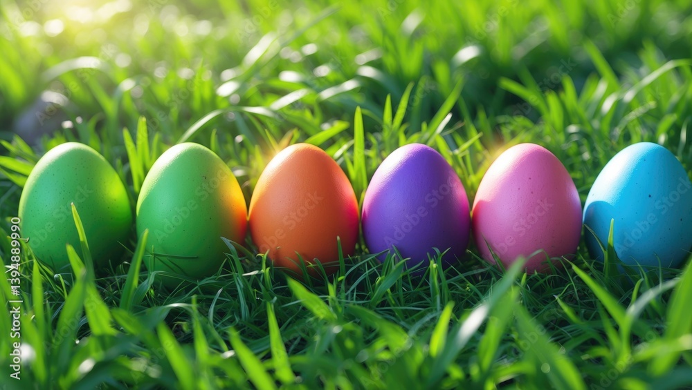 Easter egg hunt idea on vibrant green grass Easter egg hunt idea on vibrant green grass