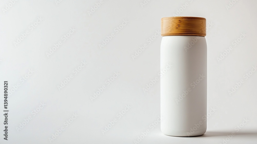 White thermos bottle with bamboo lid on white background. White thermos bottle with bamboo lid on white background.