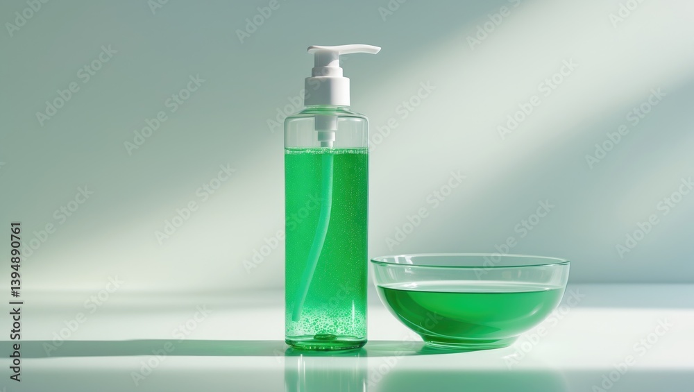Small bowl and pump bottle of dish soap against a white backdrop Small bowl and pump bottle of dish soap against a white backdrop
