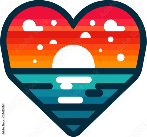 A colorful pictogram of a heart filled with a sunset over the ocean