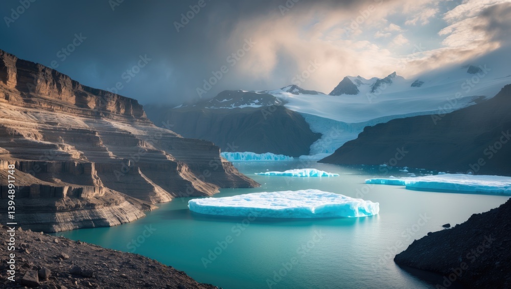 Fototapeta premium Glacial lake with surrounding earth and ice structures