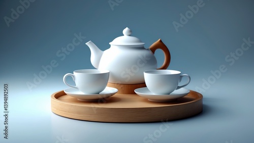 Tea concept showcasing herbal tea in two white cups and a teapot.