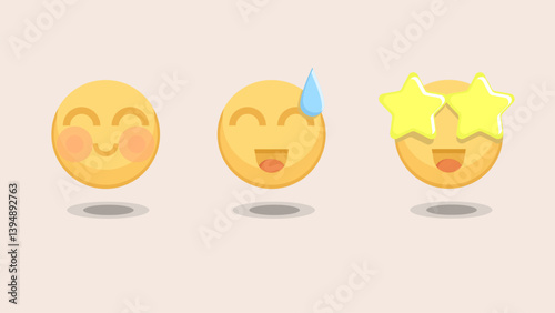 Expressive Smiley Icons: Blushing, Anxious, Excited Vector. A collection of three vector emoji graphics depicting happiness with blush, nervous laughter, and amazed star eyes.
