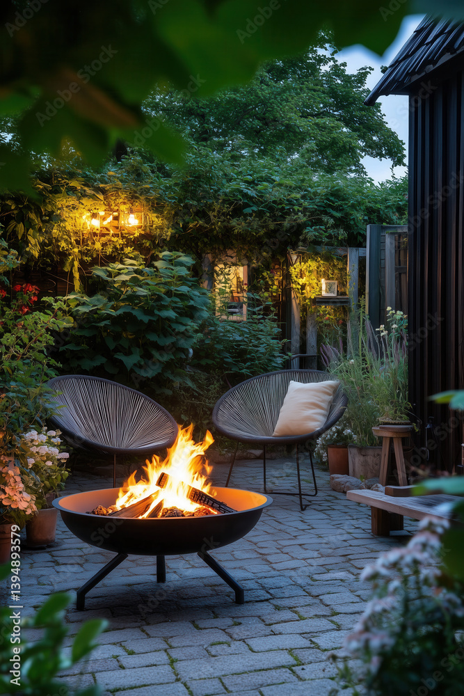 Modern fire pit on small garden terrace with garden furniture on warm summer evening.