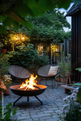 Obraz na płótnie Modern fire pit on small garden terrace with garden furniture on warm summer evening. w salonie