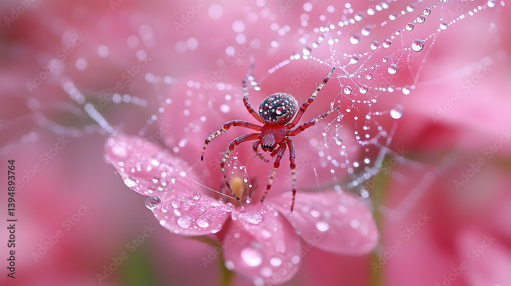 Macro photography of a spider weaving its intricate web between flower stems, each delicate silk strand glistening with morning dew.