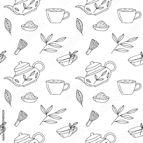 Green tea and matcha seamless pattern, hand drawing, vector illustration