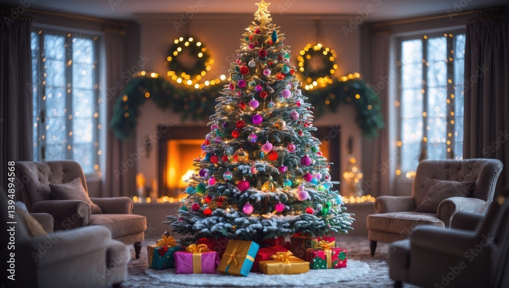 Fototapeta premium Cozy living room with Christmas tree, holiday decor for winter, presents under ornaments with a defocused background.