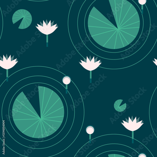 Lily Pad & Water Lily Pattern: Dark Pond Vector Repeat. A seamless pattern of stylized lily pads and delicate water lilies on a deep teal pond background, ideal for fabric or wallpaper.
