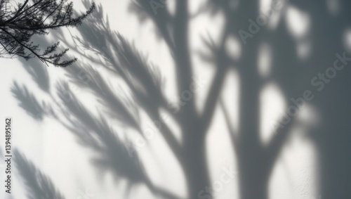 White wall adorned with the gray shadow of a pine tree branch.