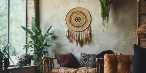 Stylish dreamcatcher made of natural colored wool and feathers, handing on the wall of cozy modern room.