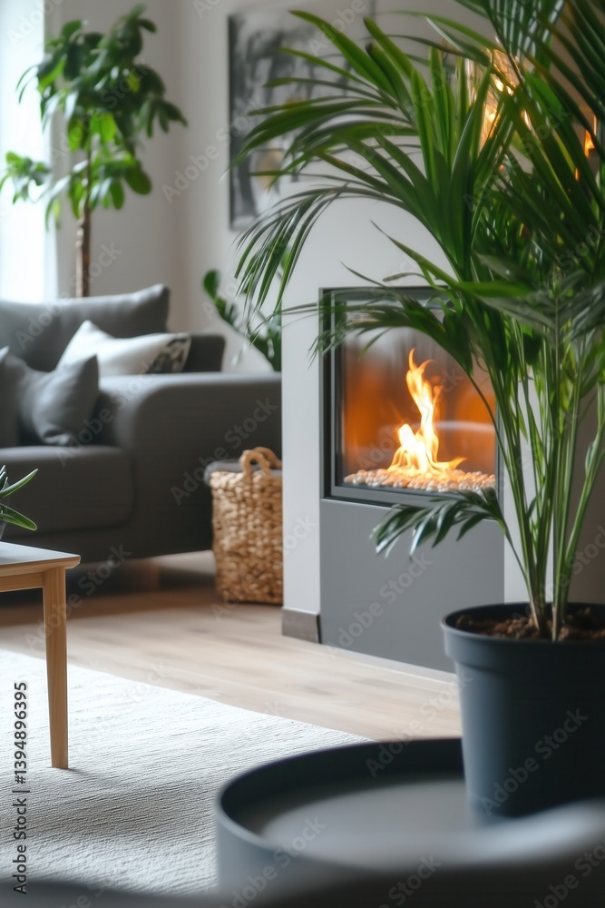 Stylish living room interior with an electric fireplace, modern interior design and house plants.