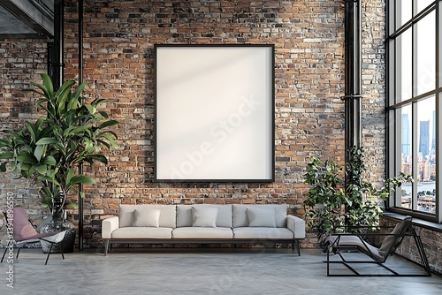 Industrial loft wall mockup showcasing a large bold frame against brick walls