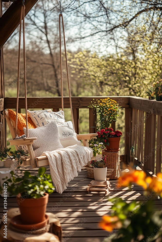 Cozy wooden terrace with rustic wooden furniture, soft colorful pillows and blankets, swinging chair and flower pots. Charming sunny evening in summer garden.