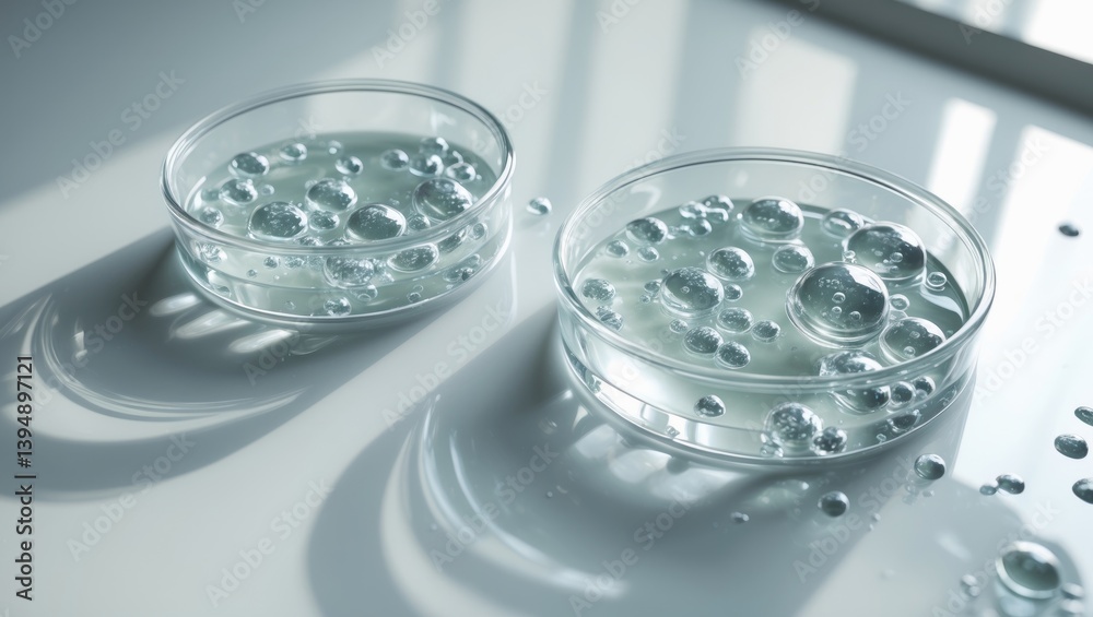 Petri dish containing liquid cups. Kit of chemical substances, oil, and cosmetics. Close-up of gel, water, molecules, and viruses on a white surface. Petri dish containing liquid cups. Kit of chemical substances, oil, and cosmetics. Close-up of gel, water, molecules, and viruses on a white surface.