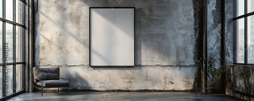 Industrial loft wall mockup showcasing a vertical metal frame against raw concrete walls