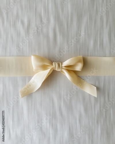 Elegant ivory ribbon tied in a bow on textured white fabric background creating a soft and delicate visual mood perfect for invitations