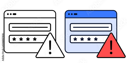 Fake login page icon with warning sign. Outline and color style vector illustration representing phishing and online credential theft.