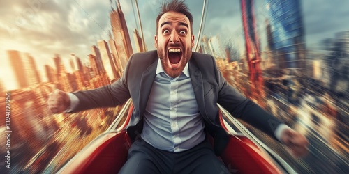 Obraz na płótnie Businessman ride fast pace on roller coaster in amusement park. Frightened entrepreneur facing business setbacks, illustrating the emotional rollercoaster of entrepreneurship. w salonie