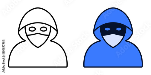 Hacker with mask icon in outline and color style. Cybercriminal avatar illustration representing anonymity, hacking, and cybersecurity threats.
