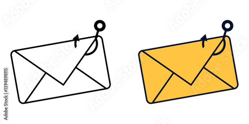 Hooked email icon in color and outline style, representing phishing attacks, email scams, and online fraud in cybersecurity.