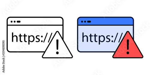 Suspicious URL icon in outline and color style. Browser warning sign indicating phishing link, fake website, or untrusted HTTPS connection.