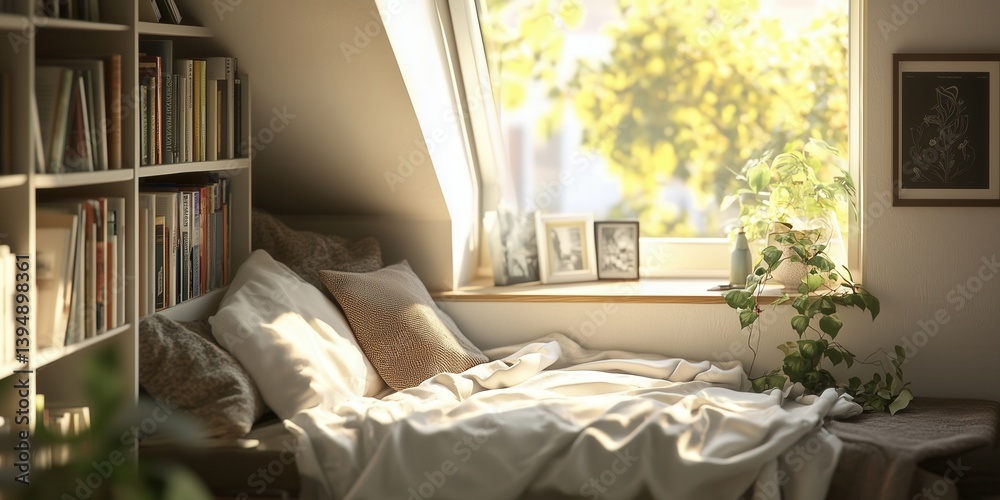 Stylish modern attic room with bookshelves near a sofa. Cozy living room arrangement with sitting area, soft blankets, colorful pillows and house plants.