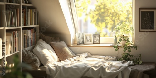 Obraz na płótnie Stylish modern attic room with bookshelves near a sofa. Cozy living room arrangement with sitting area, soft blankets, colorful pillows and house plants. w salonie