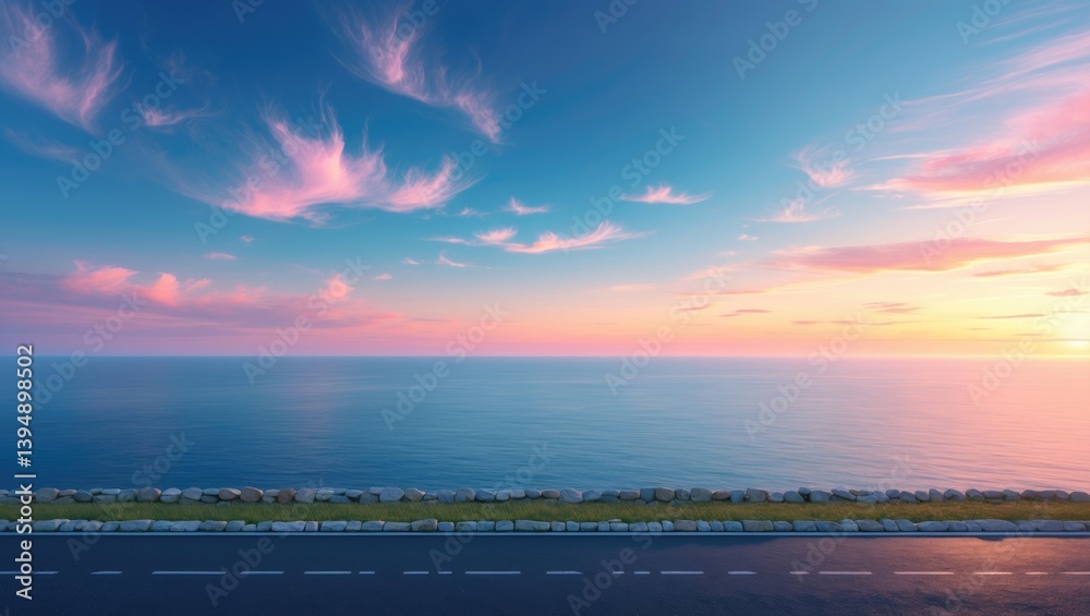Isolated asphalt freeway and marine blue vista at sunset