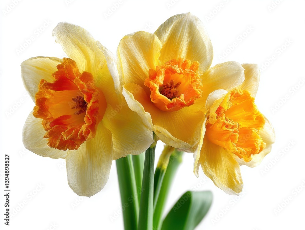 Captivating daffodil trio in luminous light showcasing intricate petal details and vibrant hues against a pristine white backdrop evoking springtime serenity Captivating daffodil trio in luminous light showcasing intricate petal details and vibrant hues against a pristine white backdrop evoking springtime serenity