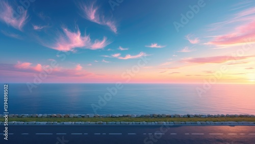 Obraz na płótnie Isolated asphalt freeway and marine blue vista at sunset w salonie