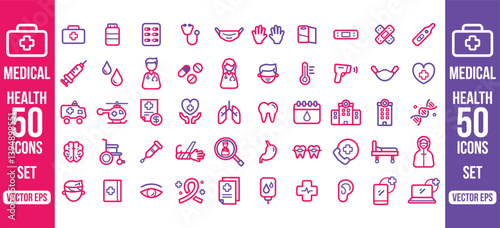 Print 50 Medical Health Icon set In Purple and Blue Color Vector EPS.eps sick leave, sick icon, illness, wellness, hospital, surgery, smart, element, heart, healthcare, illustration, analysis, phone, 