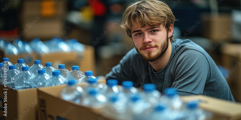 Volunteer at community center and arranging donated food and water in boxes. Charity, food donation and volunteering concept.