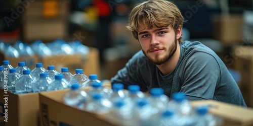 Obraz na płótnie Volunteer at community center and arranging donated food and water in boxes. Charity, food donation and volunteering concept. w salonie