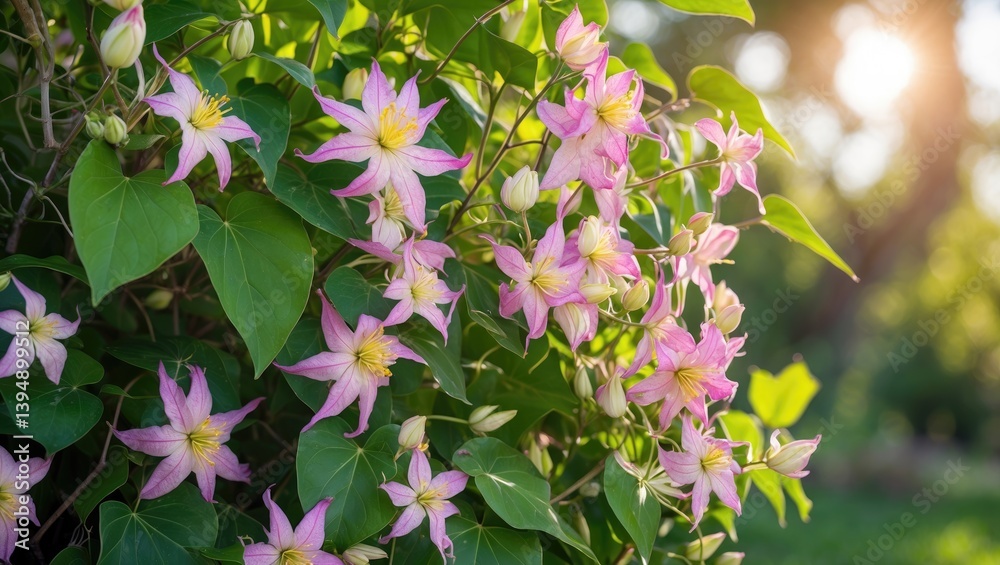Naklejka premium Gorgeous pink flowers of Clematis armandii accompanied by green leaves in a sunny nature scene with sun reflections, delightful weather.