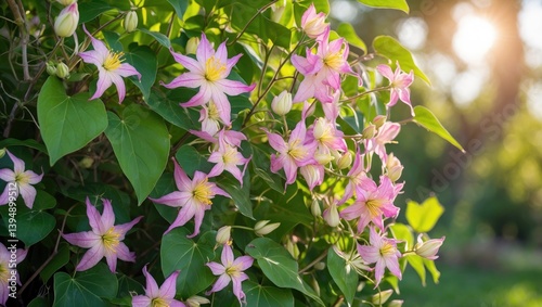 Gorgeous pink flowers of Clematis armandii accompanied by green leaves in a sunny nature scene with sun reflections, delightful weather.