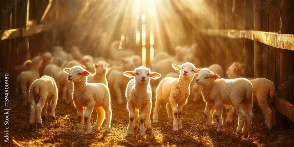 Adorable lambs on the farm on warm and sunny summer day. Countryside rural landscape. Sheep grazing near wooden fence.