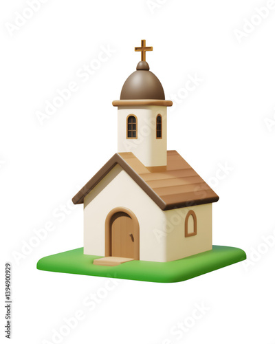 Charming 3D clay church icon with a dome and cross on a grassy base rendered in vibrant colors