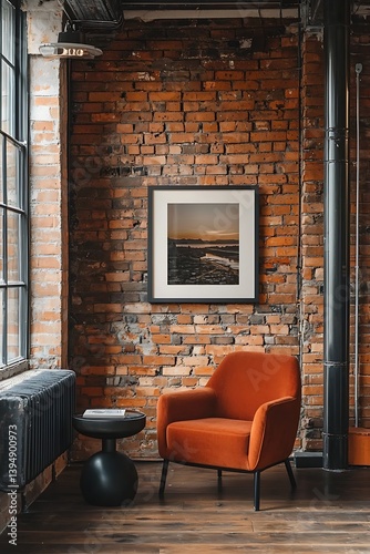 Industrial loft wall mockup with a framed print on a bold brick textured wall