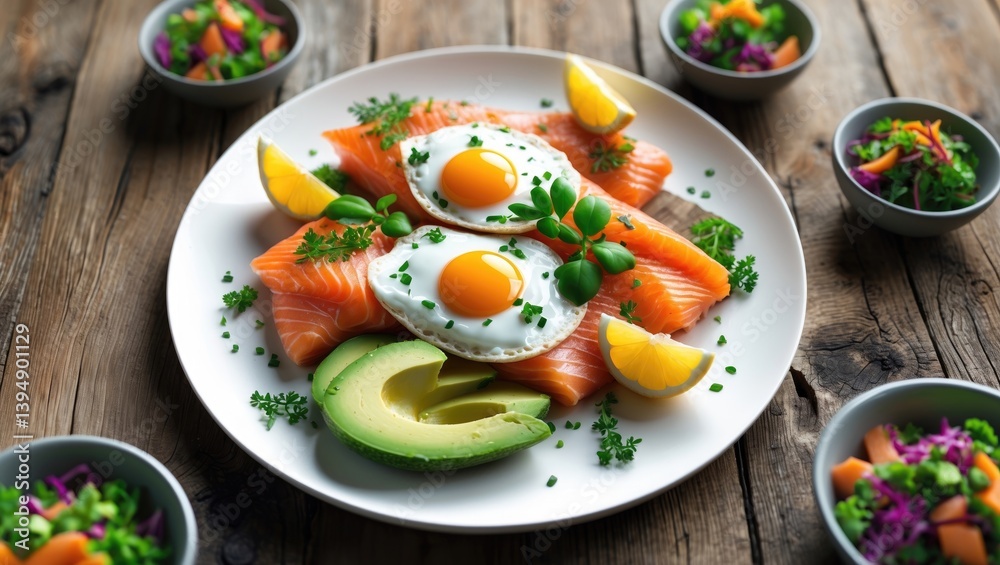 Wooden table display of keto diet with smoked salmon, sunny side up egg, avocado, and a variety of vegetables Wooden table display of keto diet with smoked salmon, sunny side up egg, avocado, and a variety of vegetables