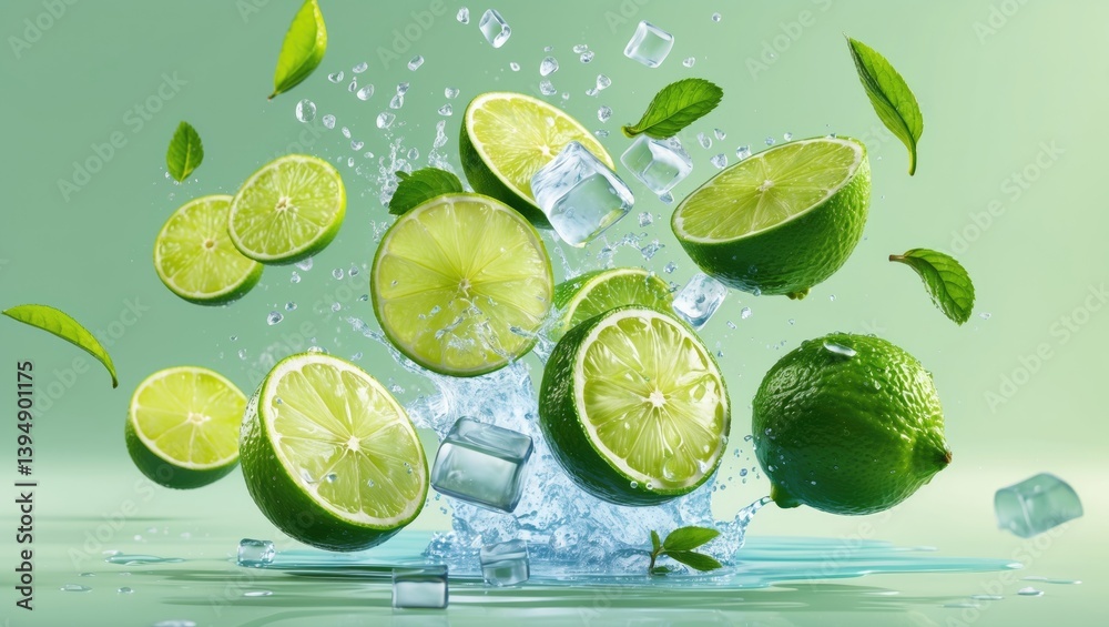 Fresh and ripe lime slices with ice cubes, splashing water, and mint leaves airborne against a vibrant backdrop. Innovative culinary idea. Summer citrus delight. Fresh and ripe lime slices with ice cubes, splashing water, and mint leaves airborne against a vibrant backdrop. Innovative culinary idea. Summer citrus delight.