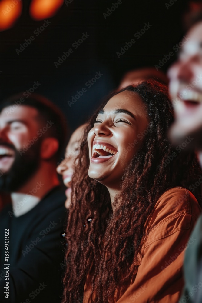 Group of people laughing at stand up comedy performance. Men and women with excited expressions on their faces.