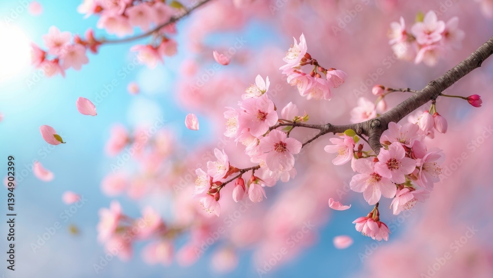 Sunny backdrop with a horizontal banner of blooming sakura flowers. Sunny backdrop with a horizontal banner of blooming sakura flowers.