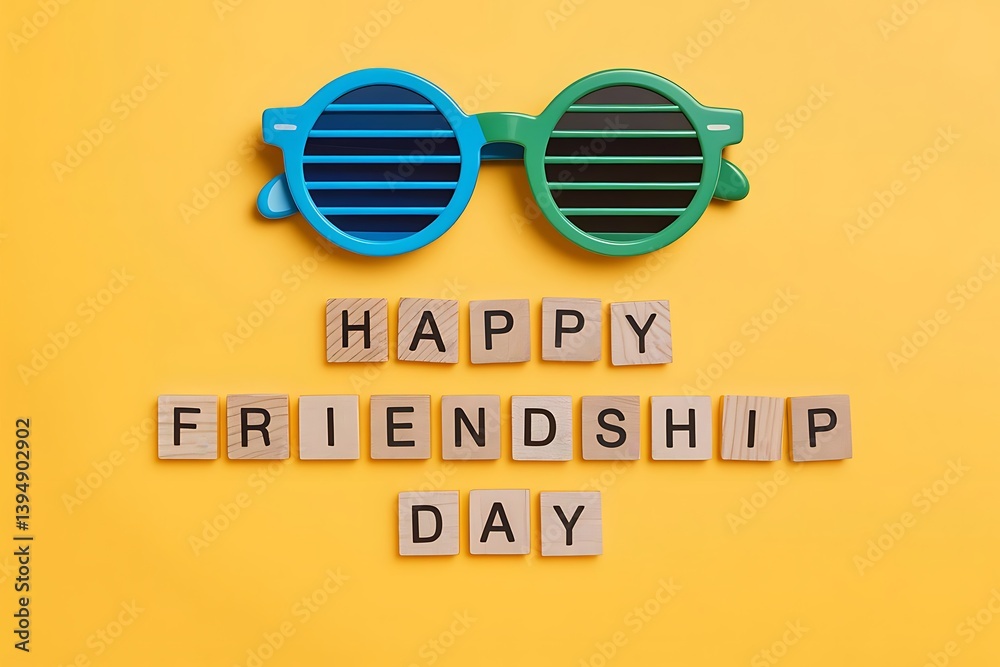Obraz premium Happy Friendship Day Concept with Sunglasses and Scrabble Letter Tiles on Yellow Background, Fun and Playful Celebration Theme for Greeting Cards, Posters, and Social Media