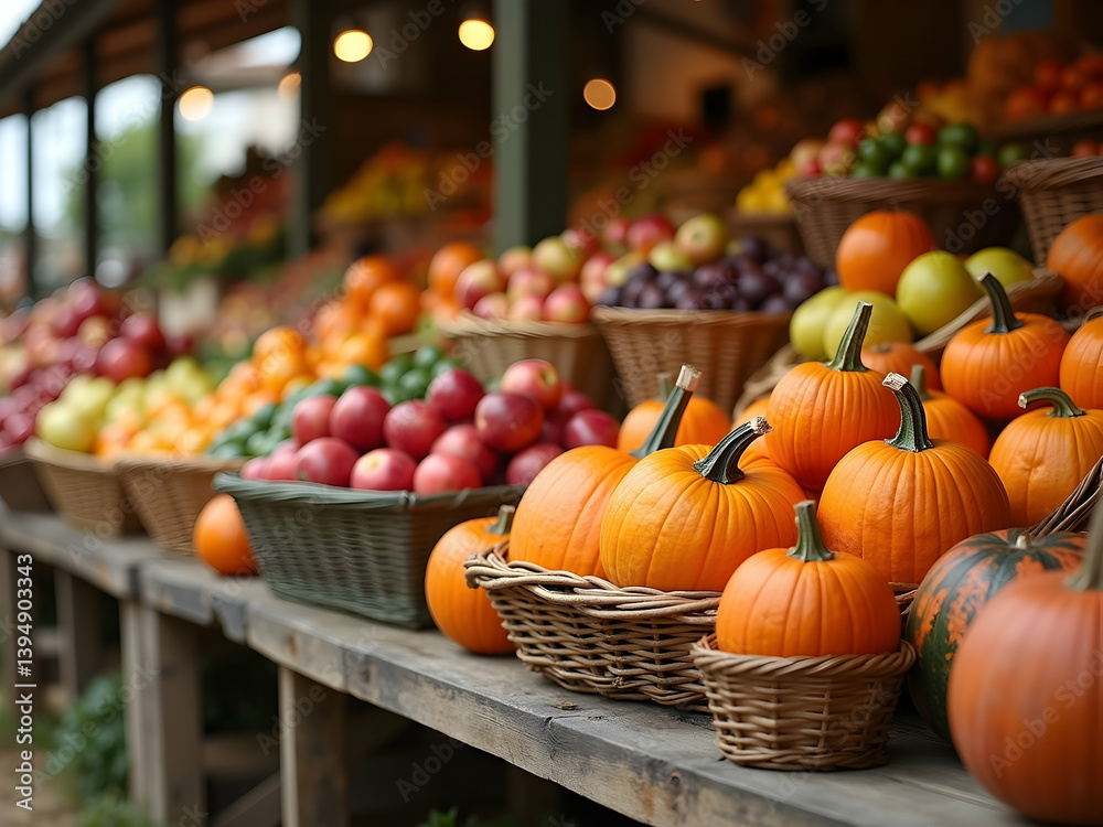 Abundant Harvest Display, Baskets Overflowing with Pumpkins, Apples, Oranges, and Grapes at a Vibrant Autumn Farmers Market Stall Showcase, Perfect for Fall Abundant Harvest Display, Baskets Overflowing with Pumpkins, Apples, Oranges, and Grapes at a Vibrant Autumn Farmers Market Stall Showcase, Perfect for Fall
