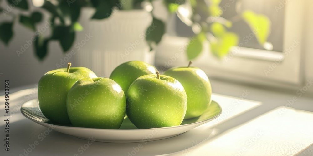 A plate of fresh green apples on a plate in bright sunny modern kitchen. Eating healthy.