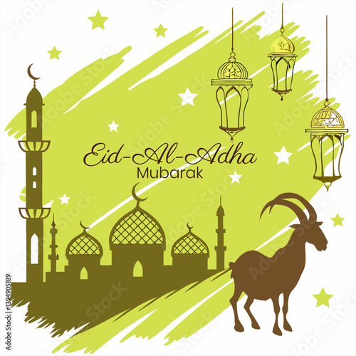 Eid Al Adha Mubarak Celebration Mosque, Goat, Lanterns, Stars