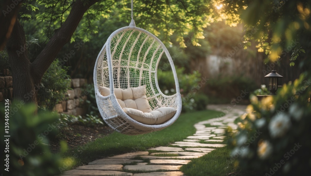 Comfortable hanging wicker chair in summer garden. Cozy spot for weekend relaxation in the garden. Hammock chair in boho style suspended from a tree. Cozy outdoor backyard. Concept of resting outdo...